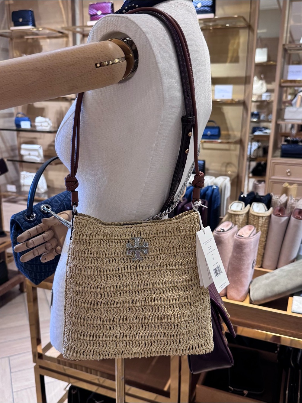 Tory Burch 180488 Key Item Raffia Lucite N/S Chain Tote Mint Cream Crossbody Bag